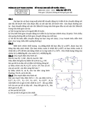 Đề thi học sinh giỏi cấp huyện vòng 1 năm học 2012-2013 môn Vật lý 9 - Phòng giáo dục và đào tạo Thanh Chương (Có đáp án)