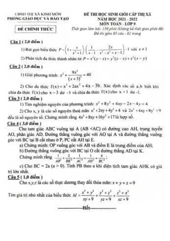 Đề thi học sinh giỏi cấp Thị xã năm học 2021-2022 môn Toán Lớp 9 - UBND Thị xã Kinh Môn