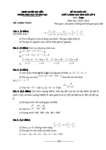 Đề thi khảo sát chất lượng học sinh giỏi Lớp 8 môn Toán - Năm học 2014-2015 - UBND huyện Gia Viễn (Có đáp án)