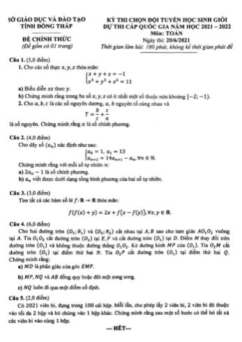 Kỳ thi chọn đội tuyển học sinh giỏi dự thi cấp quốc gia năm học 2021-2022 môn Toán - Sở giáo dục và đào tạo tỉnh Đồng Tháp