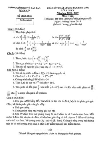 Đề khảo sát chất lượng học sinh giỏi Lớp 6 lần V năm học 2018-2019 môn Toán - Phòng giáo dục và đào tạo Quan Sơn
