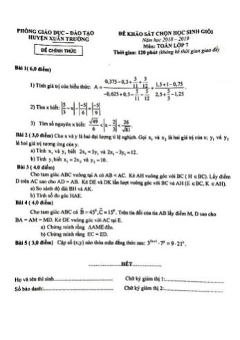 Đề khảo sát chọn học sinh giỏi năm học 2018-2019 môn Toán Lớp 7 - Phòng giáo dục đào tạo huyện Xuân Trường (Có đáp án)