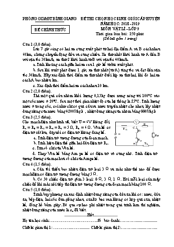 Đề thi chọn học sinh giỏi cấp huyện năm học 2018-2019 môn Vật lý Lớp 9 - PGD&ĐT Bình Giang (Có đáp án)