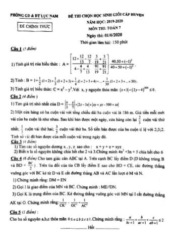 Đề thi chọn học sinh giỏi cấp huyện năm học 2019-2020 môn Toán Lớp 7 - Phòng giáo dục và đào tạo Lục Nam