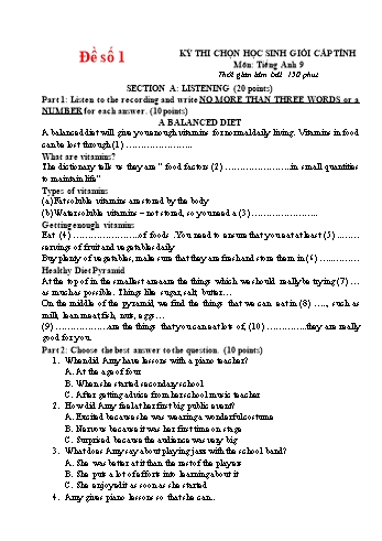 Đề thi chọn học sinh giỏi cấp tỉnh môn Tiếng Anh Lớp 9 - Đề số 1