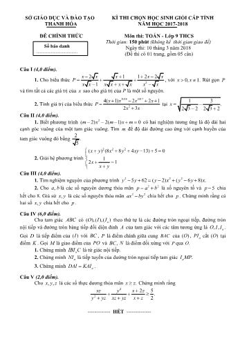 Đề thi chọn học sinh giỏi cấp tỉnh năm học 2017-2018 môn Toán Lớp 9 - Sở giáo dục và đào tạo Thanh Hóa (Có đáp án)