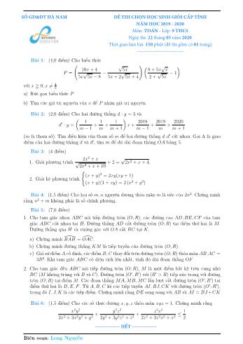 Đề thi chọn học sinh giỏi cấp tỉnh năm học 2019-2020 môn Toán Lớp 9 THCS - Sở giáo dục và đào tạo Hà Nam