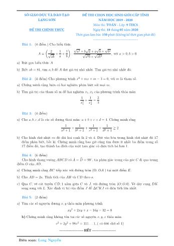 Đề thi chọn học sinh giỏi cấp tỉnh năm học 2019-2020 môn Toán Lớp 9 THCS - Sở giáo dục và đào tạo Lạng Sơn