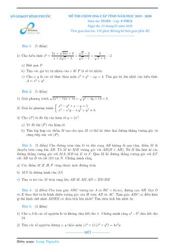 Đề thi chọn học sinh giỏi cấp tỉnh năm học 2019-2020 môn Toán Lớp 9 - Sở giáo dục và đào tạo Bình Phước