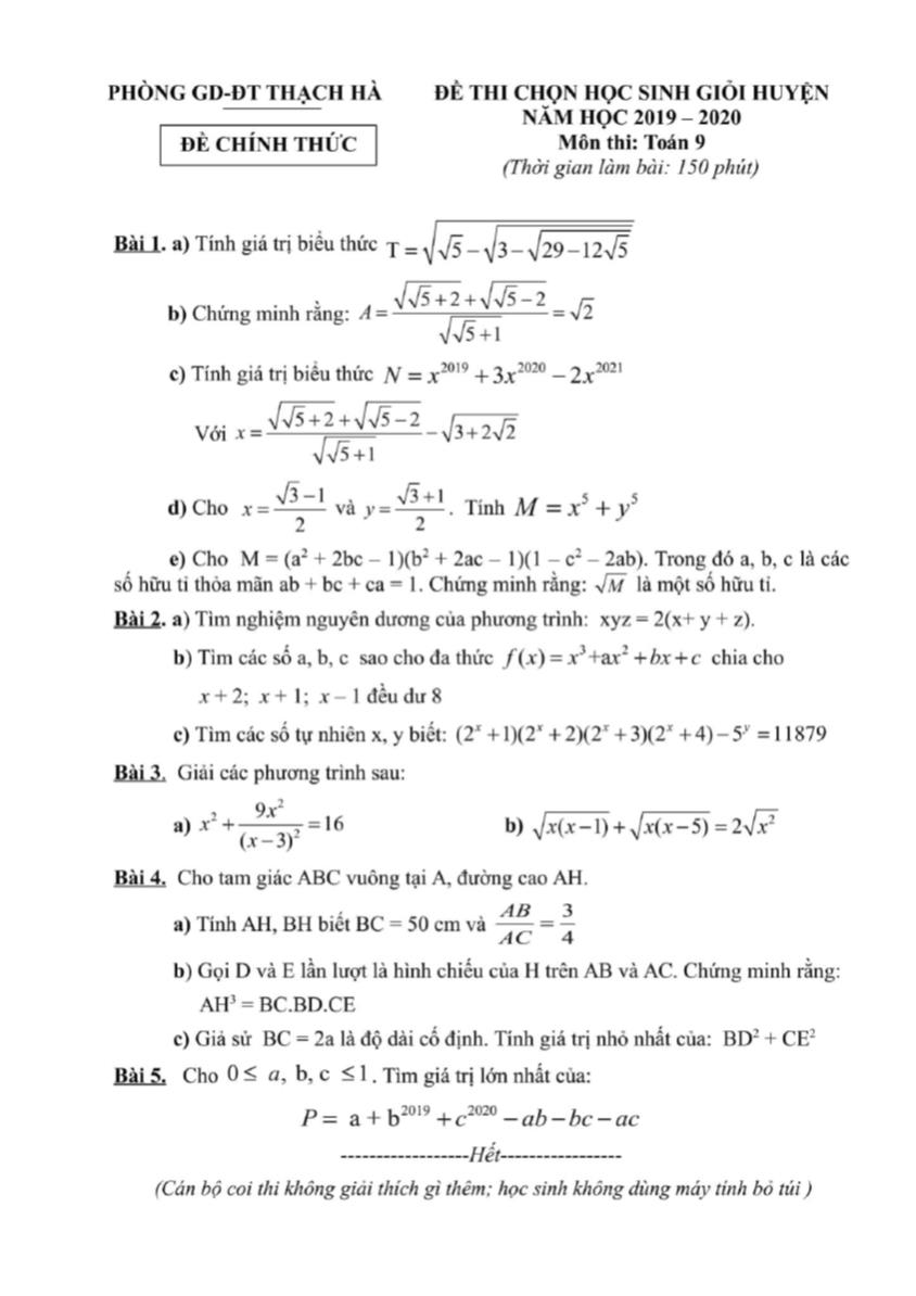 Đề thi chọn học sinh giỏi huyện năm học 2019-2020 môn Toán Lớp 9 - Phòng giáo dục đào tạo Thạch Hà (Có đáp án)