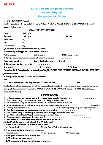 Đề thi chọn học sinh giỏi Lớp 9 cấp tỉnh môn Tiếng Anh - Đề số 12