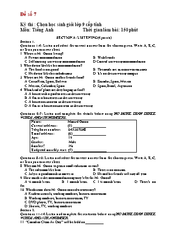 Đề thi chọn học sinh giỏi Lớp 9 cấp tỉnh môn Tiếng Anh - Đề số 7
