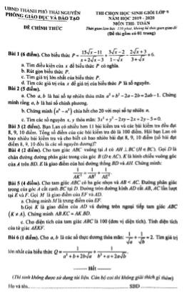 Đề thi chọn học sinh giỏi Lớp 9 năm học 2019-2020 môn Toán - UBND Thành phố Thái Nguyên