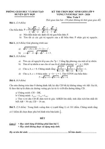 Đề thi chọn học sinh giỏi Lớp 9 vòng I năm học 2019-2020 môn Toán - Phòng giáo dục và đào tạo huyện Quỳ Hợp