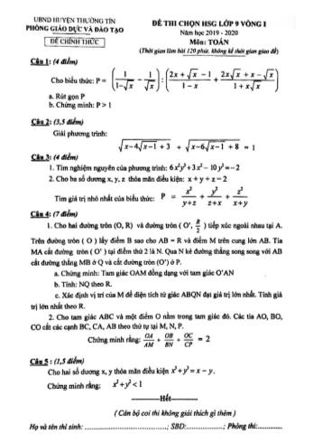 Đề thi chọn học sinh giỏi Lớp 9 vòng I năm học 2019-2020 môn Toán - UBND huyện Thường Tín