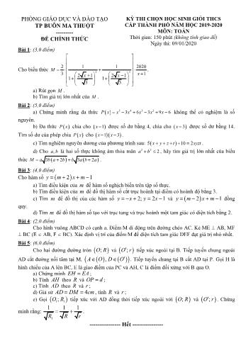 Đề thi chọn học sinh giỏi THCS cấp Thành phố năm học 2019-2020 môn Toán - Phòng giáo dục và đào tạo Buôn Ma Thuột (Kèm bài giải)