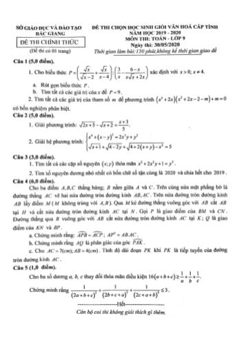 Đề thi chọn học sinh giỏi văn hóa cấp tỉnh năm học 2019-2020 môn Toán Lớp 9 - Sở giáo dục và đào tạo Bắc Giang