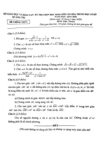 Đề thi chọn học sinh giỏi văn hóa Trung học cơ sở năm học 2019-2020 môn Toán - Sở giáo dục và đào tạo Quảng Trị