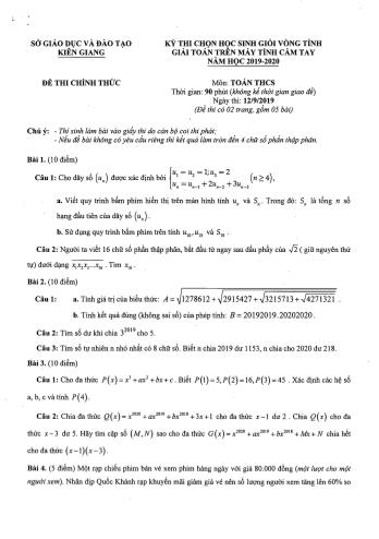 Đề thi chọn học sinh giỏi vòng tỉnh giải toán trên máy tính cầm tay năm học 2019-2020 môn Toán THCS - SGD&ĐT Kiên Giang (Có đáp án)