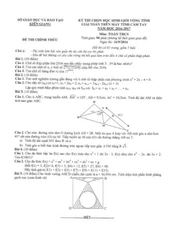 Đề thi chọn học sinh giỏi vòng tỉnh giải toán trên máy tính cầm tay năm học 2016-2017 môn Toán THCS - SGD&ĐT Kiên Giang (Có đáp án)