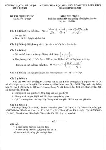 Đề thi chọn học sinh giỏi vòng tỉnh Lớp 9 năm học 2015-2016 môn Toán - SGD&ĐT Kiên Giang (Có đáp án)