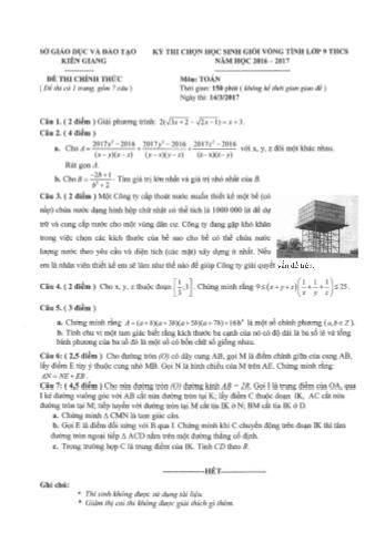 Đề thi chọn học sinh giỏi vòng tỉnh Lớp 9 THCS năm học 2016-2017 môn Toán - SGD&ĐT Kiên Giang (Có đáp án)
