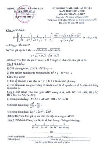 Đề thi học sinh giỏi cấp huyện năm học 2019-2020 môn Toán Lớp 9 - Phòng giáo dục và đào tạo huyện Như Xuân