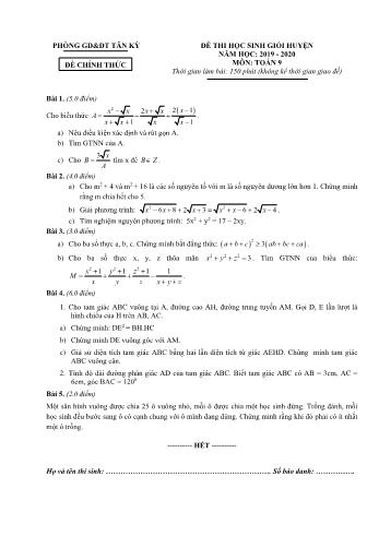Đề thi học sinh giỏi huyện năm học 2019-2020 môn Toán Lớp 9 - Phòng giáo dục và đào tạo Tân Kỳ