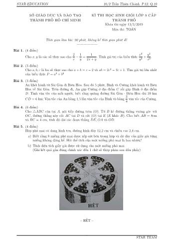 Đề thi học sinh giỏi Lớp 9 cấp Thành phố năm học 2018-2019 môn Toán - Sở giáo dục và đào tạo Thành phố Hồ Chí Minh (Có lời giải)