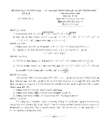 Đề thi học sinh giỏi Lớp 9 cấp Thành phố năm học 2019-2020 môn Toán - Sở giáo dục và đào tạo Hà Nội (Có đáp án)