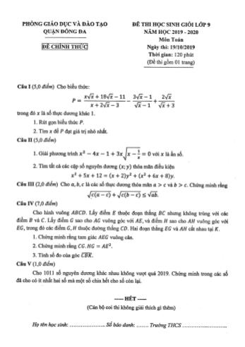 Đề thi học sinh giỏi Lớp 9 năm học 2019-2020 môn Toán - Phòng giáo dục và đào tạo Quận Đống Đa (Có đáp án)