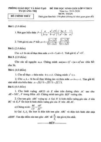 Đề thi học sinh giỏi Lớp 9 THCS năm học 2019-2020 môn Toán - Phòng giáo dục và đào tạo Thị xã Quảng Trị