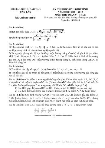 Đề thi học sinh giỏi tỉnh năm học 2018-2019 môn Toán Lớp 9 - Sở giáo dục và đào tạo Đắk Lắk (Có đáp án)