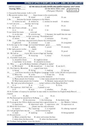 Đề thi khảo sát chất lượng các đội tuyển học sinh giỏi Khối 9 năm học 2017-2018 môn Tiếng Anh - Đề số 9108 - Đỗ Bình