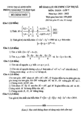 Đề giao lưu cấp Thị xã Olympic Toán Lớp 7 - Năm học 2021-2022 - Phòng GD&ĐT Kinh Môn
