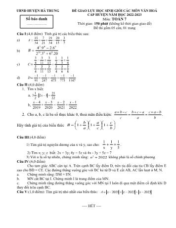 Đề giao lưu học sinh giỏi các môn văn hóa cấp huyện Toán Lớp 7 - Năm học 2022-2023 - Phòng GD&ĐT Hà Trung (Có hướng dẫn chấm)