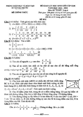 Đề giao lưu học sinh giỏi cấp cụm Toán Lớp 6 - Năm học 2021-2022 - Phòng GD&ĐT Bá Thước