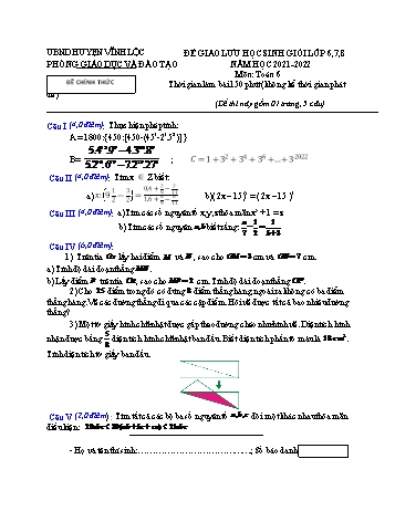 Đề giao lưu học sinh giỏi Toán Lớp 6 - Năm học 2021-2022 - Phòng GD&ĐT Vĩnh Lộc (Có hướng dẫn chấm)