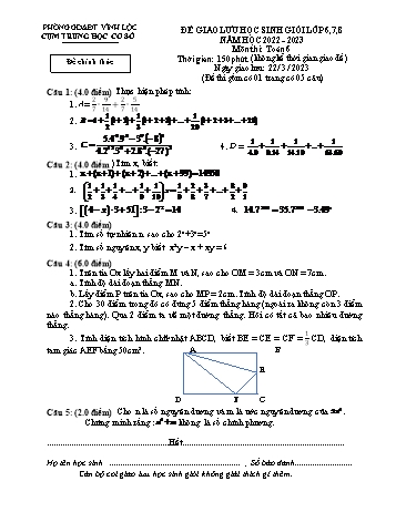 Đề giao lưu học sinh giỏi Toán Lớp 6 - Năm học 2022-2023 - Phòng GD&ĐT Vĩnh Lộc (Có hướng dẫn chấm)