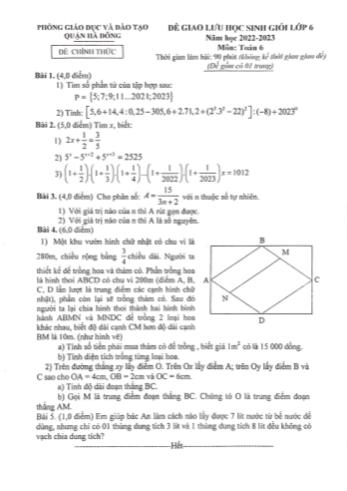 Đề giao lưu học sinh giỏi Toán Lớp 6 - Năm học 2022-2023 - Phòng GD&ĐT Hà Đông