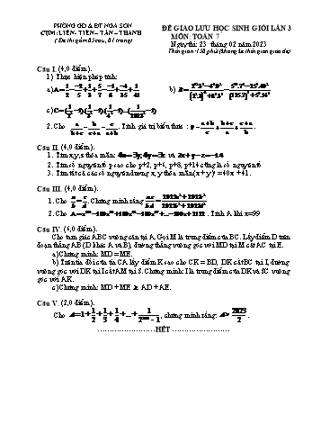Đề giao lưu học sinh giỏi Toán Lớp 7 (Lần 3) - Năm học 2022-2023 - Trường THCS Nga Sơn (Có đáp án)