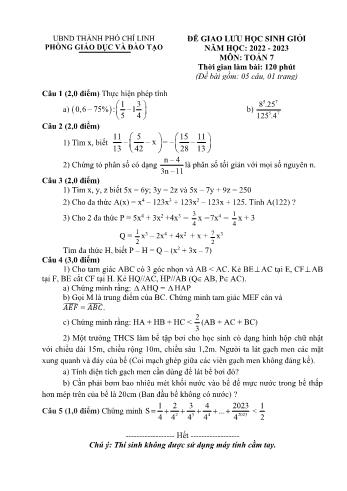 Đề giao lưu học sinh giỏi Toán Lớp 7 - Năm học 2022-2023 - Phòng GD&ĐT Chí Linh (Có hướng dẫn chấm)