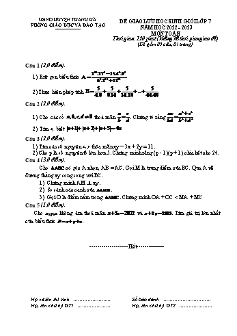 Đề giao lưu học sinh giỏi Toán Lớp 7 - Năm học 2022-2023 - Phòng GD&ĐT Thanh Hà (Có hướng dẫn chấm)