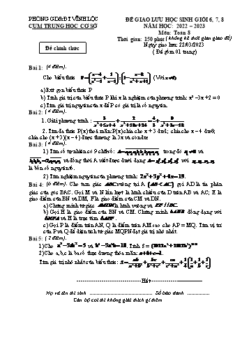 Đề giao lưu học sinh giỏi Toán Lớp 8 - Năm học 2022-2023 - Phòng GD&ĐT Vĩnh Lộc (Có hướng dẫn chấm)