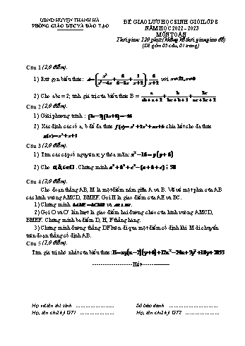 Đề giao lưu học sinh giỏi Toán Lớp 8 - Năm học 2022-2023 - Phòng GD&ĐT Thanh Hà (Có hướng dẫn chấm)