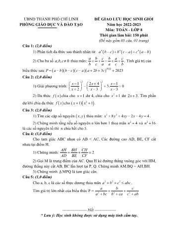 Đề giao lưu học sinh giỏi Toán Lớp 8 - Năm học 2022-2023 - Phòng GD&ĐT Chí Linh (Có hướng dẫn chấm)