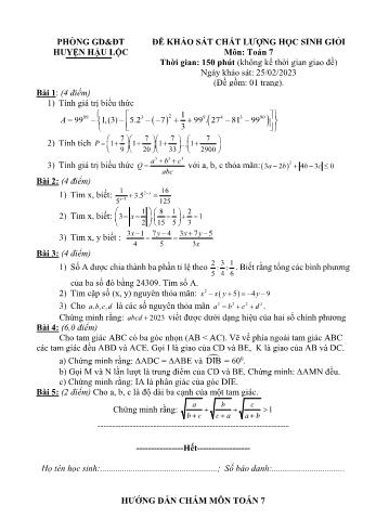 Đề khảo sát chất lượng học sinh giỏi Toán Lớp 7 - Năm học 20222-2023 - Phòng GD&ĐT Hậu Lộc (Có hướng dẫn chấm)