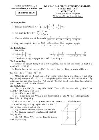 Đề khảo sát chất lượng học sinh giỏi Toán Lớp 7 - Năm học 2022-2023 - Phòng GD&ĐT Yên Mô (Có hướng dẫn chấm)