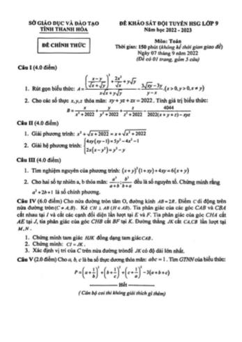 Đề khảo sát đội tuyển học sinh giỏi Toán Lớp 9 - Năm học 2022-2023 - Sở GD&ĐT Thanh Hóa