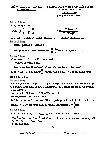 Đề khảo sát học sinh giỏi cấp huyện Toán Lớp 7 - Năm học 2022-2023 - Phòng GD&ĐT Tiền Hải (Có hướng dẫn chấm)